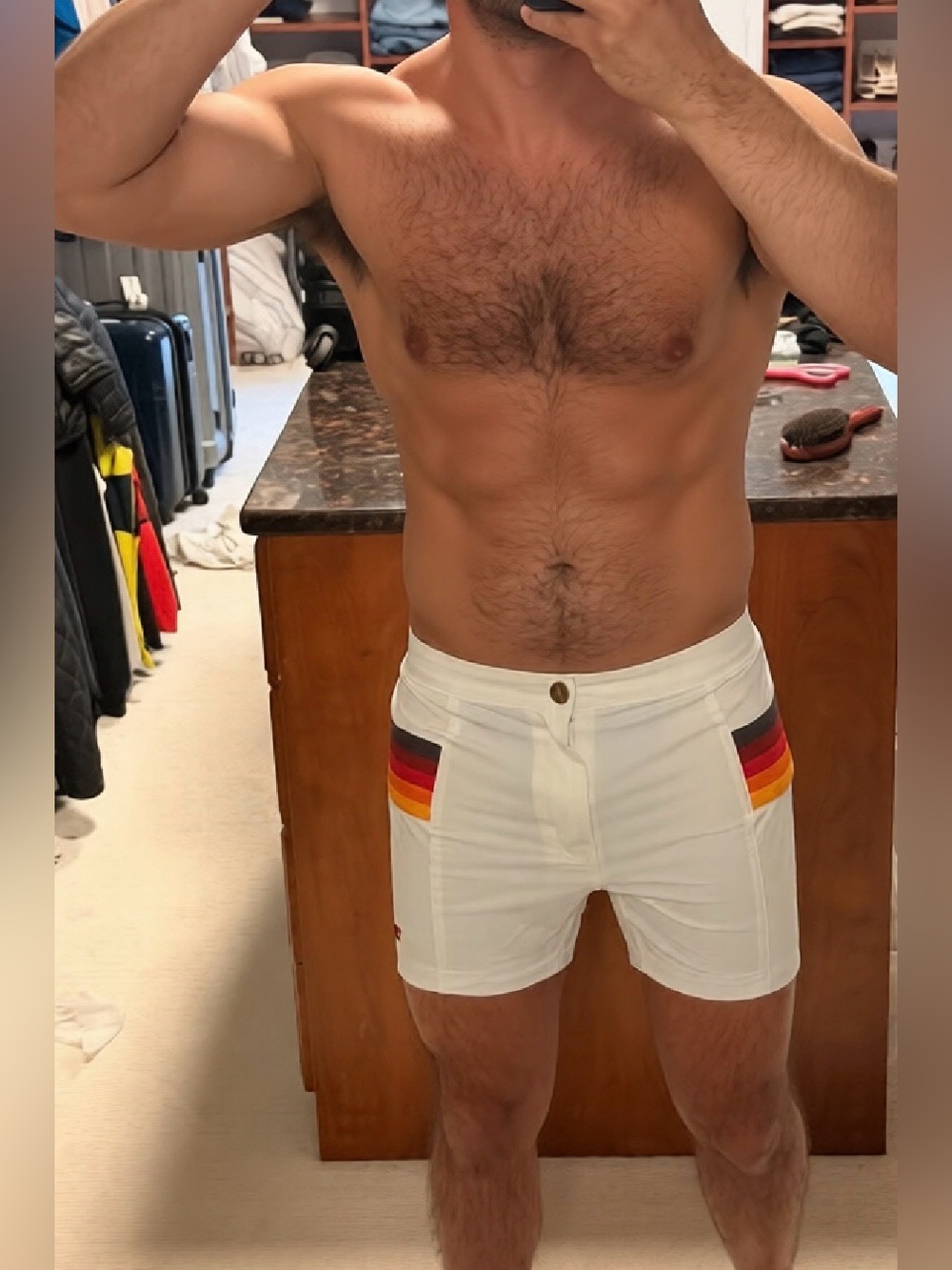 Aviator Nation White Swim Shorts with Signature Rainbow Tag NWOT
